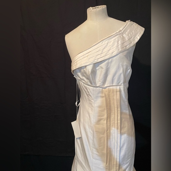 Ivory Wedding Dress 8 Silk 1 Shoulder Pleats Front & Back Sides Designer NWT - Picture 2 of 15